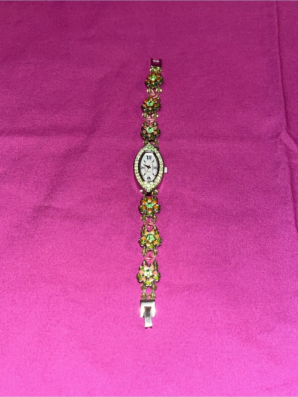 Floral Crystal Bracelet Watch in Green and Pink Accents